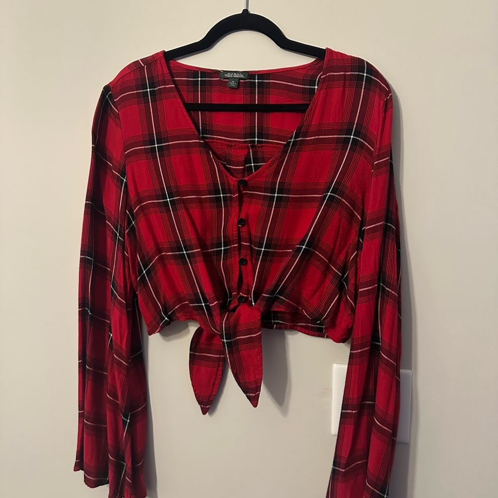 Red Plaid Button-Up Tie Front Top